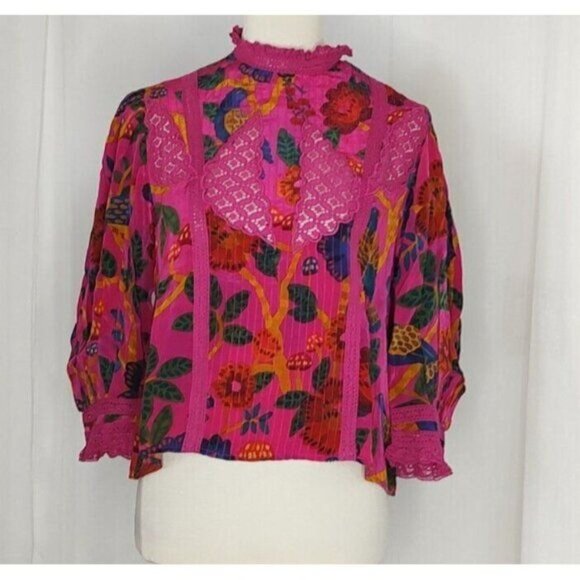 Farm Rio Blouse S Pink Sweet Forest Lace Tropical Floral High Neck Pin - Picture 8 of 15